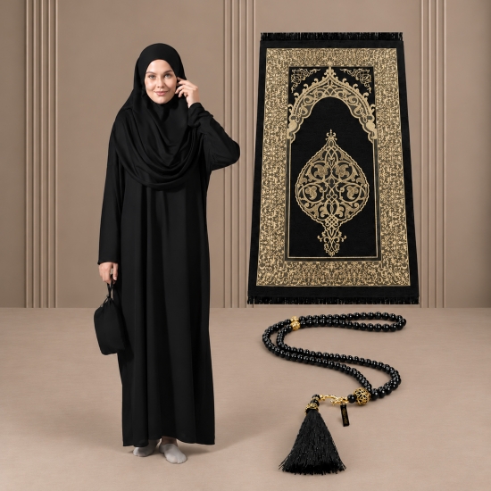 Damen Gebetsset Schwarz mit Ornament-Teppich, Gebetskleid und Tasche