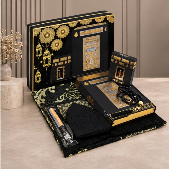 CARPETIA Gebetsset Schwarz Gold mit Koran, Gebetsteppich und Geschenkbox