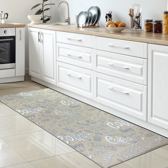 Küchenläufer I beige I waschbar I „Coffee“ Schriftzug in weiß