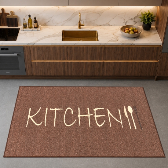 Moderner Küchenteppich mit Schriftmotiv und warmer Farbwirkung Braun