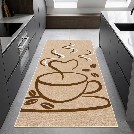 Küchenteppich mit grafischem Kaffee- und Herzmotiv Beige-Braun