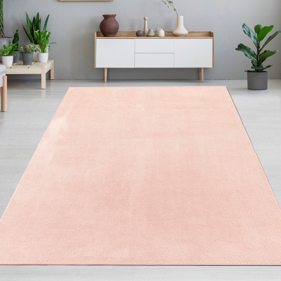 Moderner rosa Teppich samtig weich pflegeleicht für Kinderzimmer, Wohnzimmer, Schlafzimmer