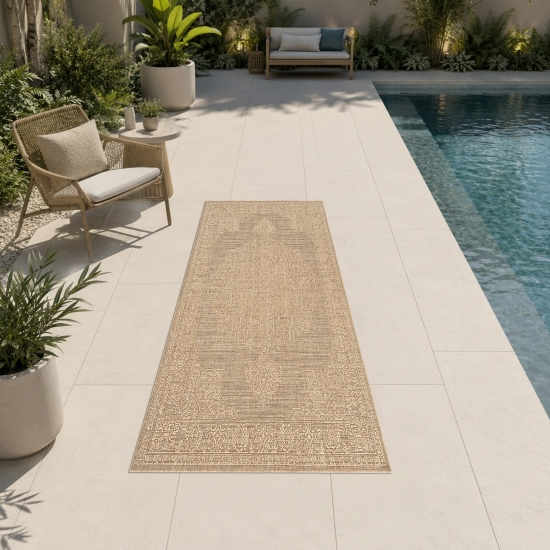Preview: Moderner Teppich Beige mit Vintage Struktur für Indoor Outdoor