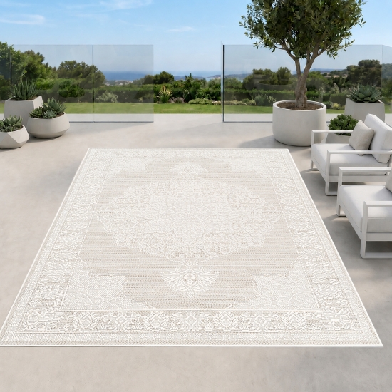 Teppich Beige Creme mit grafischem Vintage Design In & Outdoor