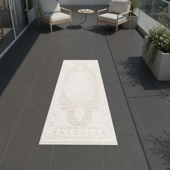 Preview: Teppich Beige Creme mit grafischem Vintage Design In & Outdoor