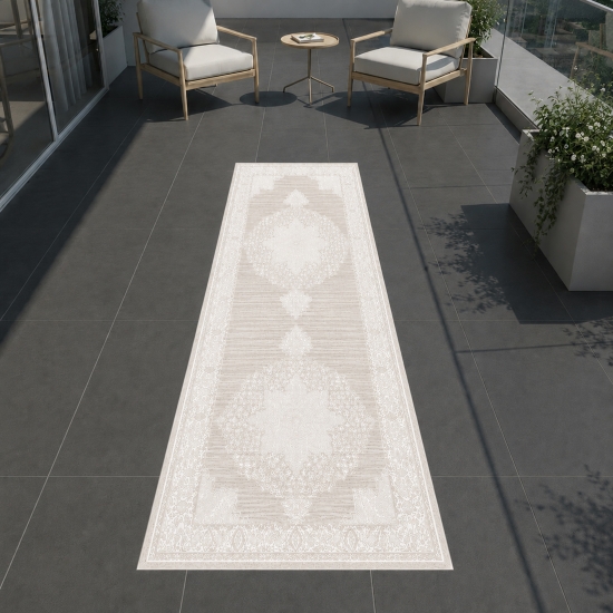 Preview: Teppich Beige Creme mit grafischem Vintage Design In & Outdoor