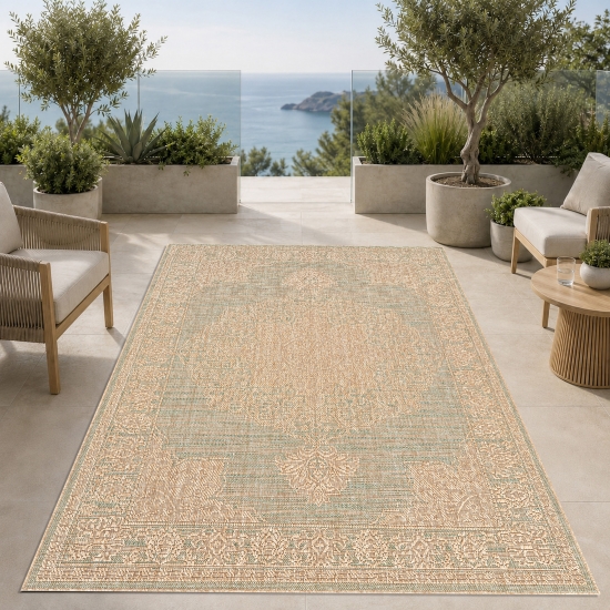 Teppich Grün Braun Ornament In & Outdoor