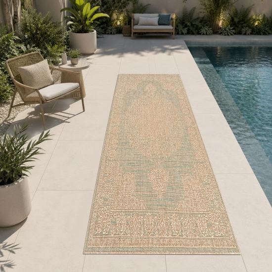 Preview: Teppich Grün Braun Ornament In & Outdoor