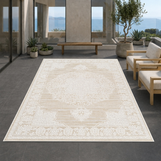 Teppich Beige Creme mit grafischem Vintage Design In & Outdoor