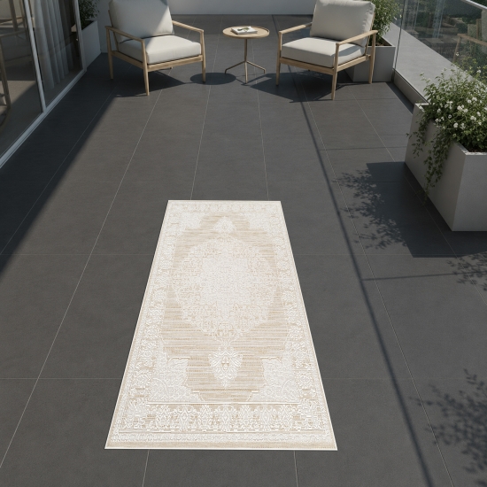 Preview: Teppich Beige Creme mit grafischem Vintage Design In & Outdoor