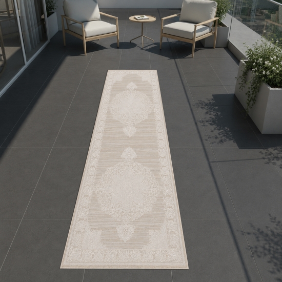 Preview: Teppich Beige Creme mit grafischem Vintage Design In & Outdoor