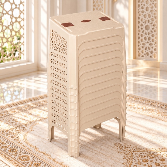 Preview: 12er-Set Koranhalter Rahle in Beige – Stapelbarer Buchständer aus Kunststoff mit Ornamentmuster, 47 x 30 cm