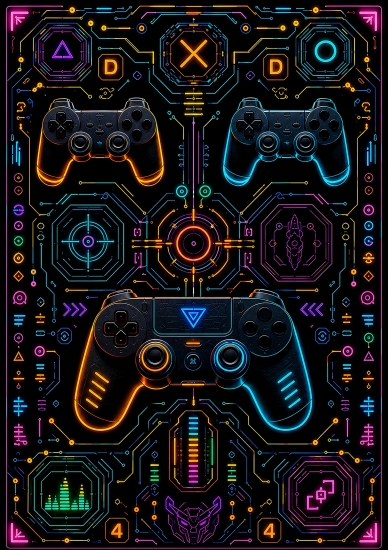 Waschbarer Teppich Neon Controller Design Schwarz mit grafischen Farblinien