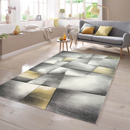 Teppich Kurzflor Wohnzimmerteppich karo abstrakt pastell gelb grau