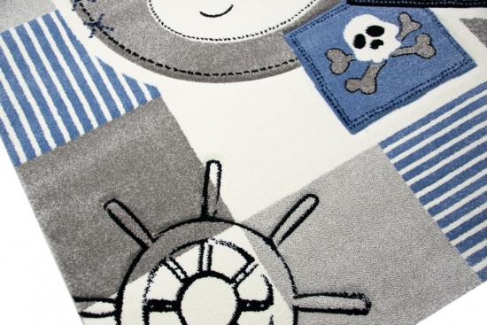 Teppich Kinderzimmer Babyzimmer Jungen Affe Pirat blau crème grau schwarz
