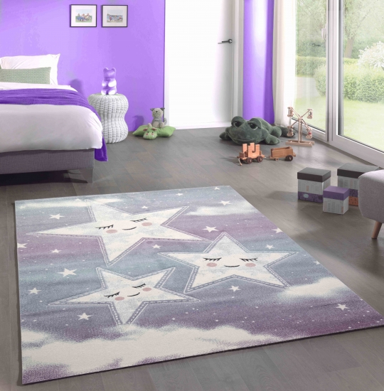 Spiel Teppich Kinderzimmer Sterne Himmel Wolken Design blau creme