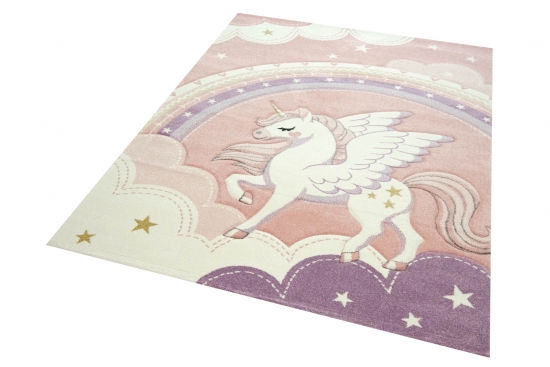 Spiel Teppich Kinderzimmer Himmel Wolken Regenbogen Einhorn rosa creme