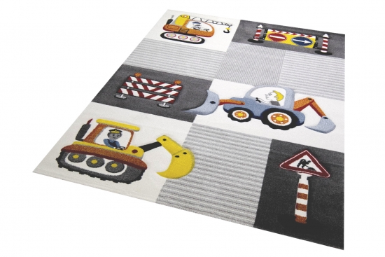 Spiel Teppich Kinderzimmer Baustelle Straßenschilder Bagger Kran creme grau gelb
