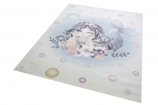 Preview: Meerjungfrau Designer Teppich Kinderzimmer Spielteppich Blumen Wasserblasen creme gelb blau weiß