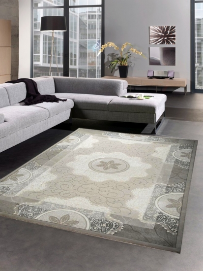 Designer Teppich Wollteppich Ornamente Glitzer grau beige