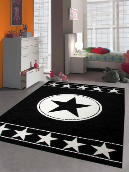 Kinderteppich Spielteppich Kinderzimmer Teppich Stern schwarz creme