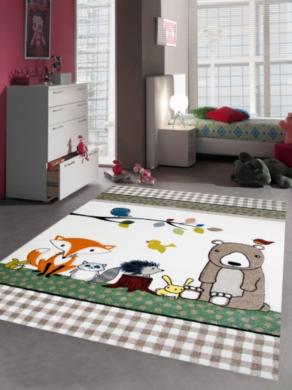 Kinderteppich Spielteppich Babyzimmer Teppich Tiere Bär Fuchs Igel Eule Beige Braun