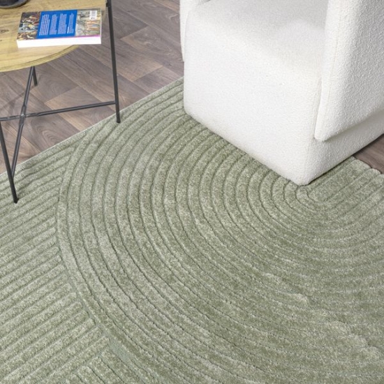 Preview: Designteppich grün mit Relieflinien modern pflegeleicht strukturiert