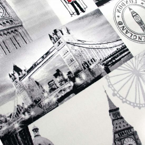 Preview: Designteppich London Patchwork Creme Grau mit roten Highlights