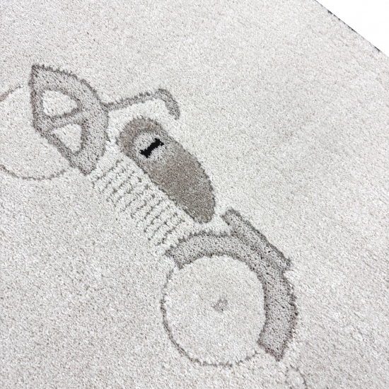 Kinderteppich mit Höheneffekt und verschiedenen Autos in creme beige