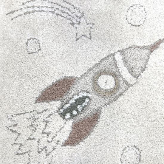 Abenteuerlicher Kinderteppich Raumschiffen Planeten Sterne in creme grau beige