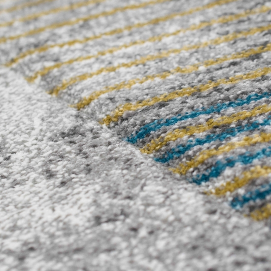 Abstrakter Teppich Wohnzimmer modernes gestreiftes Muster gold blau grau - pflegeleicht