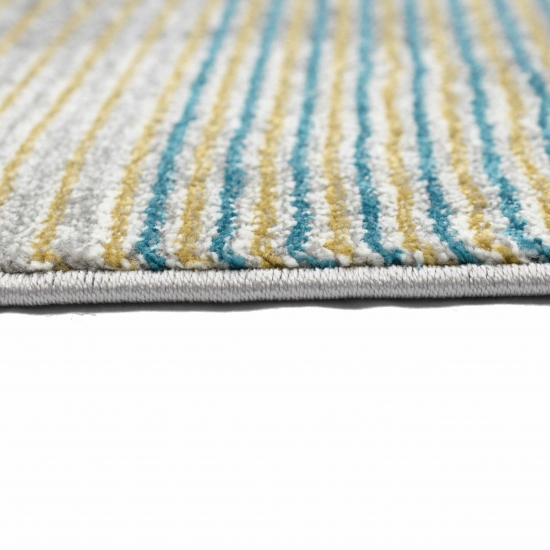Abstrakter Teppich Wohnzimmer modernes gestreiftes Muster gold blau grau - pflegeleicht