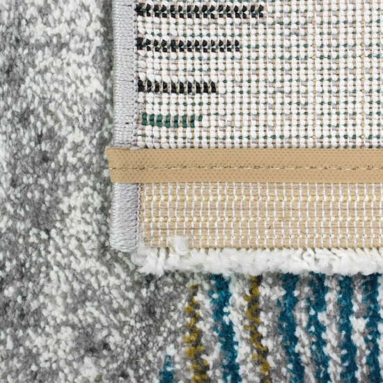 Abstrakter Teppich Wohnzimmer modernes gestreiftes Muster gold blau grau - pflegeleicht