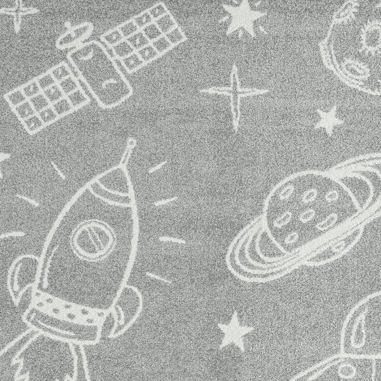Galaktischer Spaß im Kinderzimmer: Grauer Teppich mit weißen Raumschiffen und Planeten