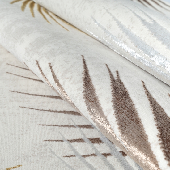 Moderner Creme Teppich mit Palmblattmuster und Glanzoptik