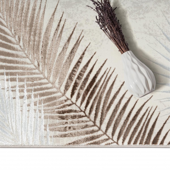 Moderner Creme Teppich mit Palmblattmuster und Glanzoptik