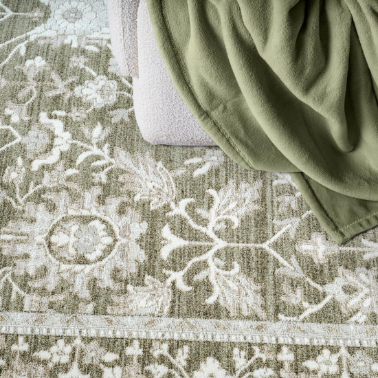Preview: Designer Teppich Grün Beige Vintage floral modern stilvoll