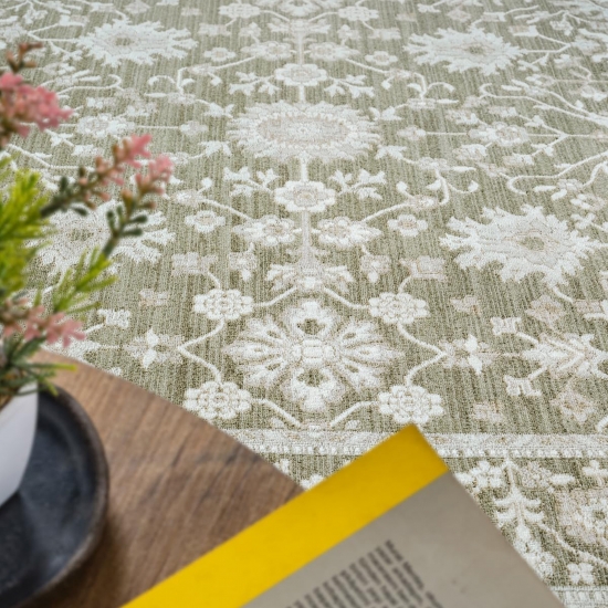 Preview: Designer Teppich Grün Beige Vintage floral modern stilvoll