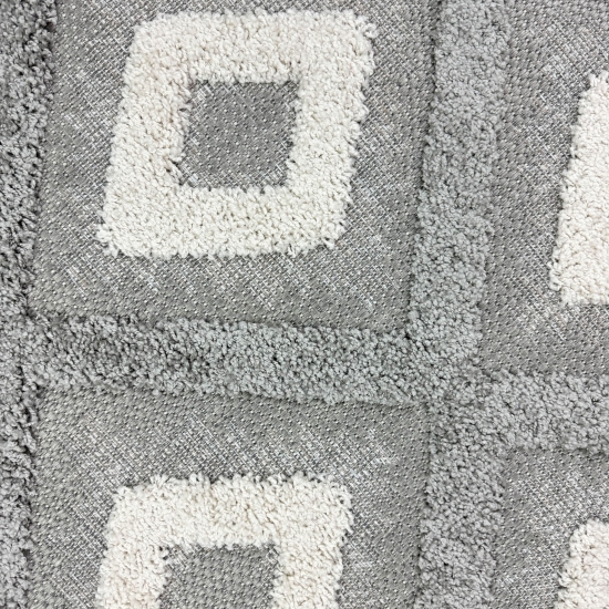 Moderner Teppich für Wohnzimmer und Flur in Grau und Beige mit Rautenmuster und Hoch-Tief-Effekt