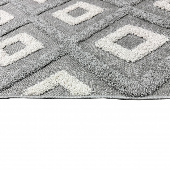 Moderner Teppich für Wohnzimmer und Flur in Grau und Beige mit Rautenmuster und Hoch-Tief-Effekt