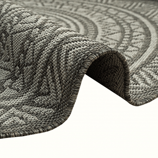 Preview: Runder Outdoor-Teppich mit Ethno-Muster – Elegantes Anthrazit und Schwarz, wetterfest und modern Preview: Runder Outdoor-Teppich mit Ethno-Muster – Elegantes Anthrazit und Schwarz, wetterfest und modern