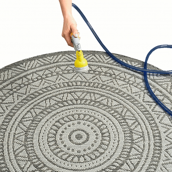 Preview: Runder Outdoor-Teppich mit Ethno-Muster – Elegantes Anthrazit und Schwarz, wetterfest und modern Preview: Runder Outdoor-Teppich mit Ethno-Muster – Elegantes Anthrazit und Schwarz, wetterfest und modern