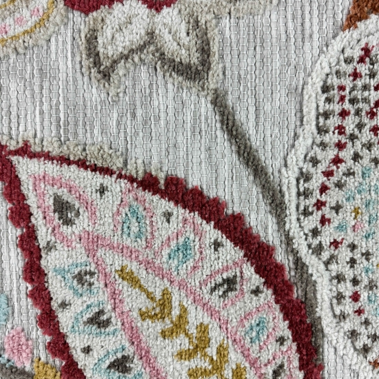 Preview: Teppich Outdoor Wohnzimmer Blumen Muster 3d-effekt creme grau bunt
