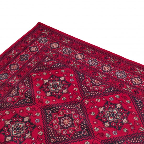 Preview: Teppich Rot Schwarz mit symmetrischem Medaillonraster und Bordüre