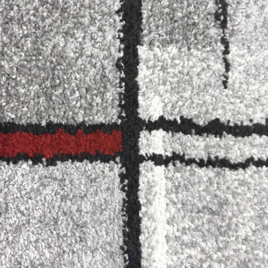 Designerteppich mit grafischem Muster – Grau, Rot & Weiß