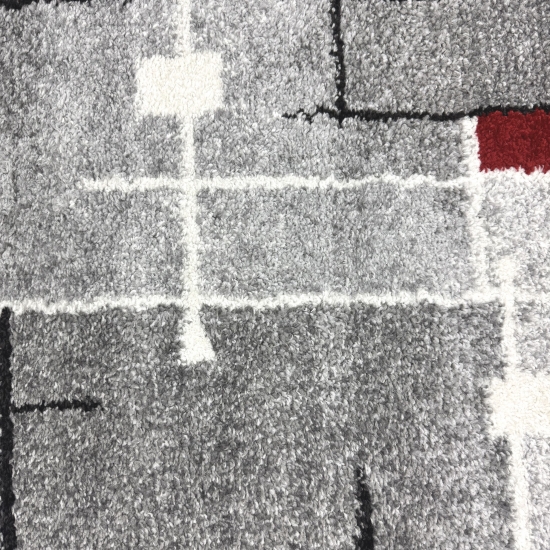 Designerteppich mit grafischem Muster – Grau, Rot & Weiß