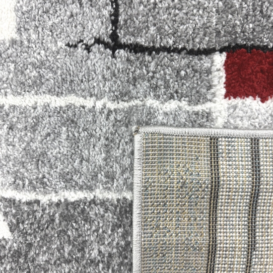 Designerteppich mit grafischem Muster – Grau, Rot & Weiß
