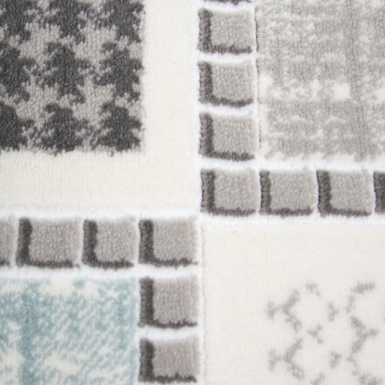 Preview: Designteppich mit grafischem Patch-Design Grau mit dezenten Farbakzenten Preview: Designteppich mit grafischem Patch-Design Grau mit dezenten Farbakzenten