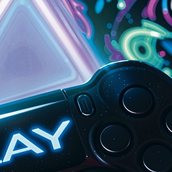 Preview: Auffälliger Gaming-Teppich mit lebendig-bunten neon-farbigen Symbolen und schwebendem Controller Preview: Auffälliger Gaming-Teppich mit lebendig-bunten neon-farbigen Symbolen und schwebendem Controller