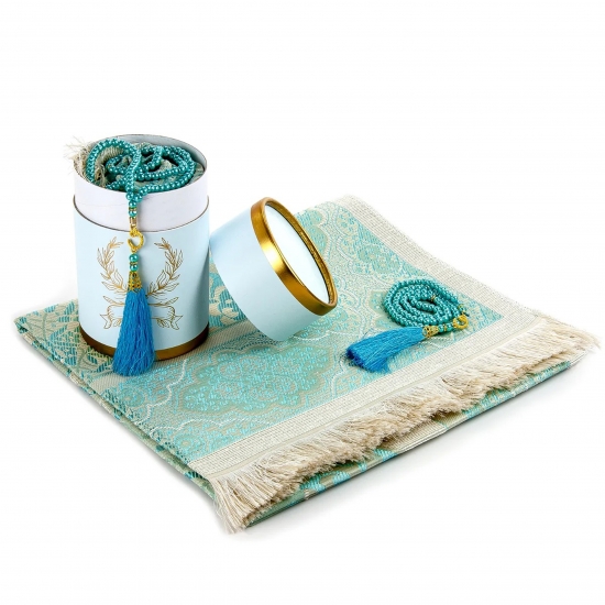 Preview: Gebetsteppich Taftstoff Türkis mit Geschenkbox und 99er Gebetskette – edles Set 65 x 110 cm